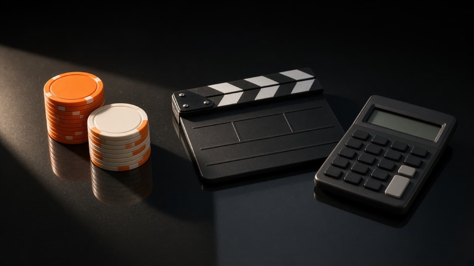 Credit tokens beside a clapperboard and a calculator